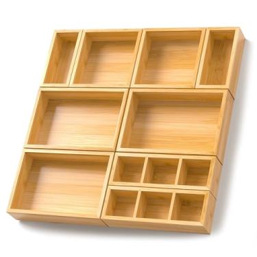 Imagem de VeyFey Organizador De Gavetas Bambu, Conjunto 9 Bandejas Madeira Para Cozinha, Mesa Chá, Escritório, Caixas Armazenamento Madeira, Organizadores Banheiro, Escritório (2" Altura, Caixas)