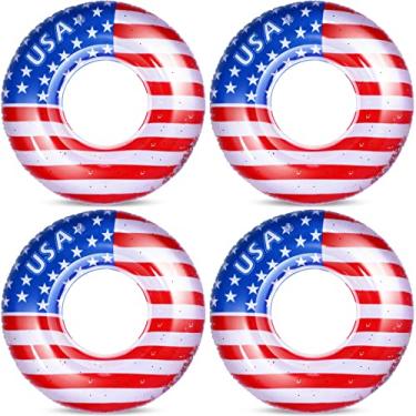 Imagem de Boias infláveis gigantes de 101 cm, design legal da bandeira dos EUA, boias flutuantes para piscina, tubo de piscina, espreguiçadeira divertida preenchida com estrelas prateadas, confetes para adultos