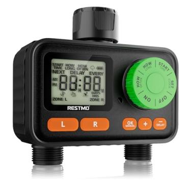 Imagem de RESTMO Temporizador de irrigação de 2 zonas, temporizador de água programável para mangueira de jardim, controle automático | liga/desliga manual | Atraso de chuva para torneira externa, irrigação por