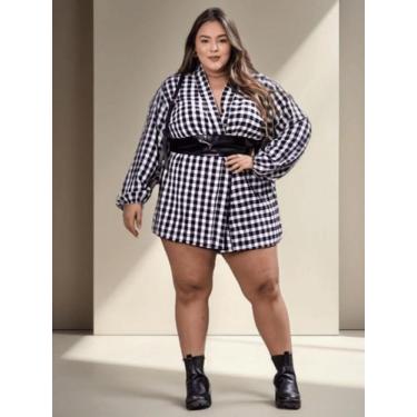 Imagem de Cardigã Feminino Xadrez Plus Size Kimono Manga Longa Camisa Soltinha A