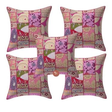 Imagem de IGH Capas de almofada de algodão 16x16 capas de almofada de algodão estampa floral quadrada bordada rosa protetores de almofada decoração de casa patchwork capas de almofada com zíper [conjunto de 5