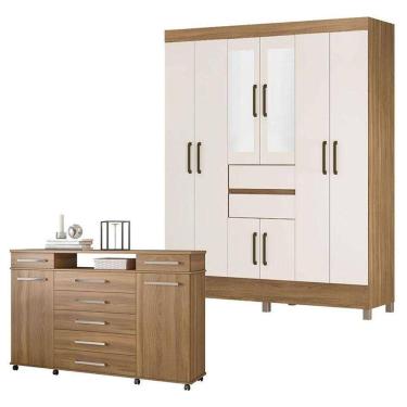 Imagem de Cômoda London E Guarda Roupa Casal Munique Amêndola Off White Com Espelho - Demóbile