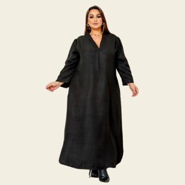 Imagem de Vestido Feminino Longo Plus Size Linho Soltinho Lia Rosa, Preto, G1