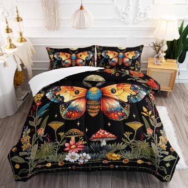 Imagem de AILONEN Jogo de cama Queen com estampa de mariposa da morte, floral boêmio e lua para meninas e mulheres, conjunto de edredom com plantas de cogumelo vermelho para decoração de quarto, 1 colcha e 2