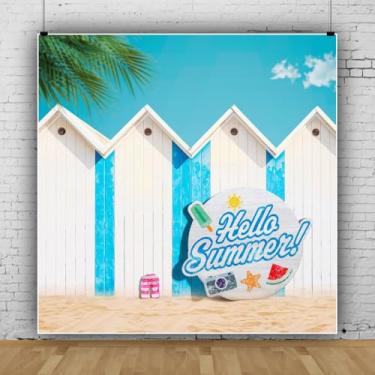 Imagem de Hello Summer Pano de fundo de praia de madeira rústica de 3 x 3 m para sessão de fotos com céu azul e folhas havaianas, decoração de festa de luau, adereços de cabine de fotos de aniversário