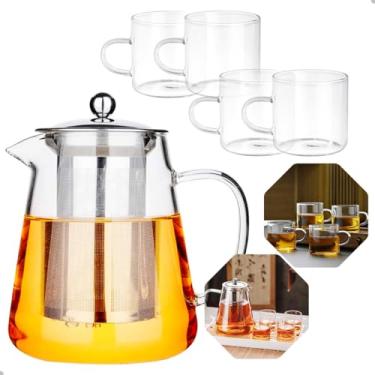 Imagem de Conjunto de Bule de Chá 950ml em Vidro com Infusor em INOX, 4 Xícaras de Vidro Borossilicato 120ML, Vai ao fogo