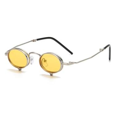 Imagem de JRLLFD Óculos de sol Steampunk Flip Up Masculino Armação de Metal Pequena Punk Redondo Feminino Óculos Retro Uv400 (C6Prata-Amarelo)