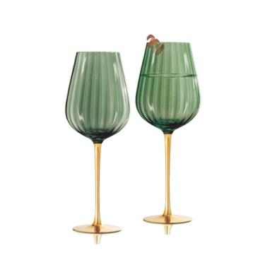 Imagem de QUALIA Conjunto de 2 taças de vinho verdes elegantes, taças de vinho coloridas com haste dourada, taça de vinho de cristal sem chumbo, vidro verde, presentes de casamento para mulheres, presente de