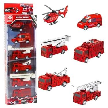 Imagem de Conjunto de Miniaturas de Veículos de Emergência, 6 Unidades, Vermelho, Inclui Helicóptero e Caminhões de Bombeiro