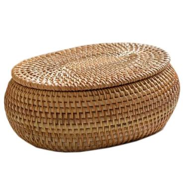 Imagem de Cesta de tecido redondo, caixa de vime com tampa, cesta de vime de 14 x 17 x 7 cm, oval tecida à mão com tampa, caixa decorativa de mesa para cozinha de fazenda, decorativa, estilo 2