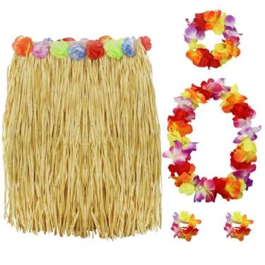 Imagem de PIXHOTUL Conjunto de saia de hula de grama e hibisco Leis fantasias havaianas para festa tropical havaiana verão praia festa luau