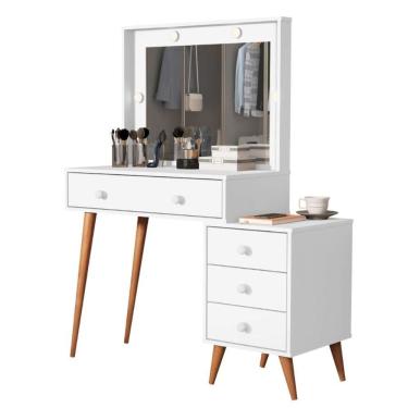 Imagem de Penteadeira Camarim Com Mesa De Cabeceira Espelho Led 4 Gavetas Pés Em Madeira Branco