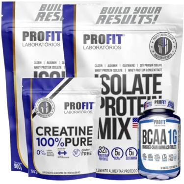 Imagem de Kit 2x Whey Isolate Protein Mix 900g Refil + 1x Creatina Monohidratada 100% Pura 250g + 1x Bcaa 60 Tabletes - Profit (Refil, Leite ninho)