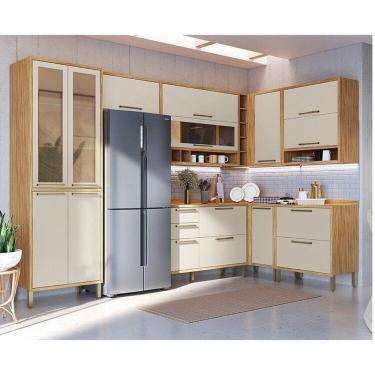 Imagem de Cozinha Modulada de Canto 8 Peças 14 Portas e Vidro Reflecta 321cm 100% Mdf Vicenza Espresso Móveis Amêndoa/Off White