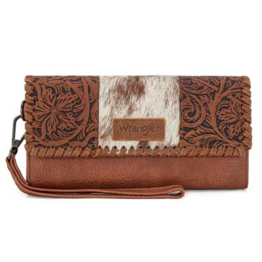 Imagem de Montana West X Wrangler Western, carteiras femininas com três dobras, carteira clutch feminina de grande capacidade com porta-moedas, Crina de cavalo - marrom