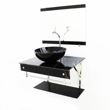 Imagem de Kit Gabinete 60Cm Cuba Redonda Mármore Preto + Torneira