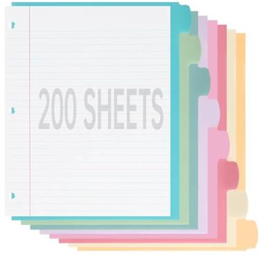 Imagem de Papel A4 de folhas soltas, 200 folhas, 20 x 26 cm, papel pautado largo com divisórias de plástico coloridas de 8 abas, 3 furos para fichário, material escolar de escritório