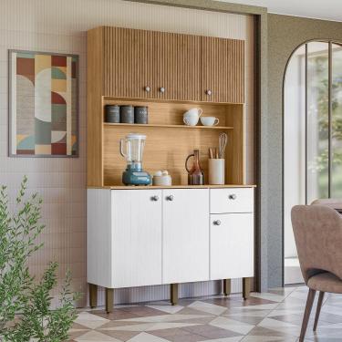 Imagem de Cozinha Compacta Kits Paraná Style 6 Portas 1 Gaveta Ripado Freijó Puxador Inox Pés Reguláveis