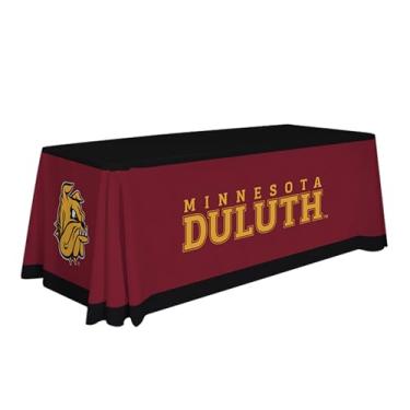 Imagem de Victory Corps Toalha de mesa estampada esportiva universitária Minnesota Duluth Bulldogs - Licenciada pela NCAA - Drapeada de poliéster - Toalha de mesa escolar (preta, marrom, dourada)