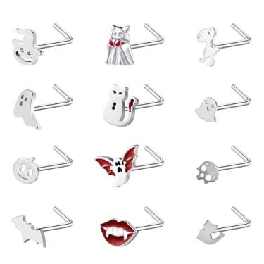 Imagem de ZS 12 peças de anel de nariz hipoalergênico de aço inoxidável 20G - Halloween morcego caveira abóbora em forma de L parafuso de rolhas prata preto piercing de narina joia para mulheres e homens (B