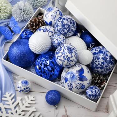Imagem de VioraWhite 18 peças de enfeites de Natal chinoiserie, bola de porcelana branca e azul, enfeites de pendurar para árvore de Natal para decoração de guirlanda de mesa de festa, bola de Natal, 4,5 cm
