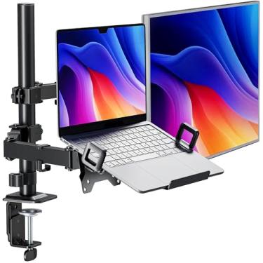 Imagem de monTEK Suporte de monitor e laptop para mesa, braço de monitor de altura ajustável para tela de até 32 polegadas e laptop de 17 polegadas, suporta até 10 kg, braçadeira C e ilhós