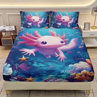 Imagem de AILONEN Jogo de lençol Queen com desenho animado axolotl, animais marinhos subaquáticos do mundo subaquático, para meninos e meninas, lençol com elástico colorido com tema de oceano com 2 fronhas, 3