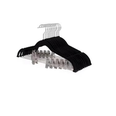 Imagem de Cabides de Veludo com Presilhas, Conjunto com 10 Peças, Resistentes para Roupas (Preto)