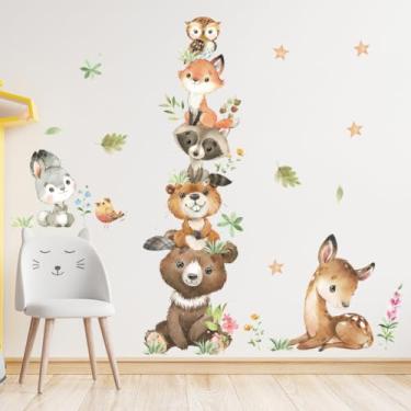 Imagem de Decalques de parede de animais de safári da selva, desenhos animados em aquarela, animais da floresta, elefante, girafa, macaco, urso, raposa, coelho, adesivos de parede removíveis para quarto de bebê