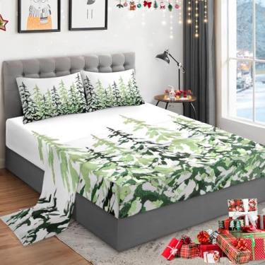Imagem de WeCozy Jogo de lençol solteiro de Natal, 3 peças, com bolso profundo de 35,5 cm, floresta de pinheiro verde de inverno para crianças e adultos, roupa de cama com neve natural e fronha para decoração