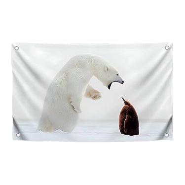 Imagem de Bandeira de animais de 9,5 x 1,5 m com urso grande e pequeno pinguim com quatro argolas de latão - pôster decorativo criativo de um lado para escritório - tapeçaria estênica de parede de poliéster