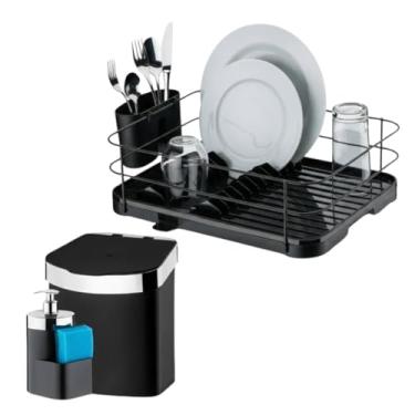 Imagem de Kit 3 pçs Escorredor de Louças Lixeira 2,5L E Porta Detergente Preto Onix E Cromado