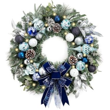Imagem de Valery Madelyn Guirlanda de Natal pré-iluminada de 61 cm para porta da frente com luzes, guirlanda de Natal grande iluminada com bola de Natal azul prateada para lareira, janela, mesa de centro de