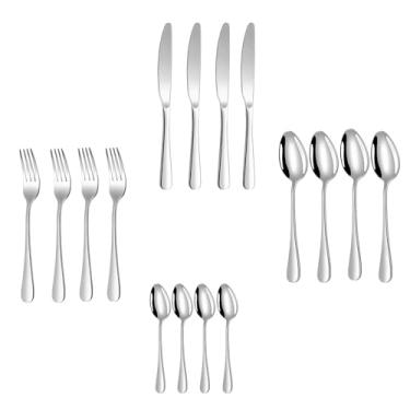 Imagem de Fenteer Conjunto de talheres de 16 peças para 4 pessoas, faca, garfo e colher, reutilizável, aço inoxidável, para reuniões familiares, jantares e festas, Prata
