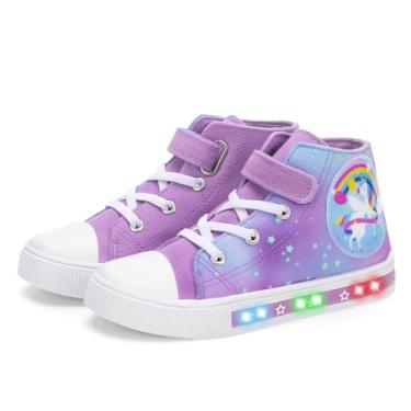 Imagem de Tênis infantil para meninos e meninas, cano alto, piscando, de lona, casual, fácil de apertar, Unicórnio azul-roxo, 22