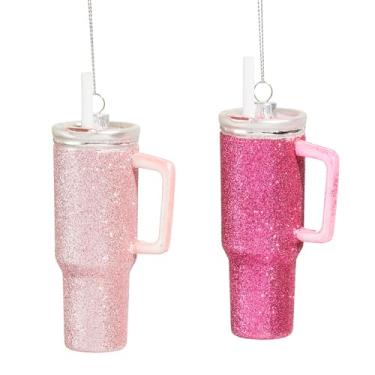 Imagem de The Bridge Collection Conjunto de 2 enfeites de Natal com glitter de vidro – Decorações de caneca de viagem rosa com canudos – Detalhes de árvore de férias com tema de bebida divertida