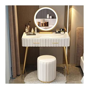 Imagem de Escrivaninha de penteadeira Moderno conjunto de mesa vaidade maquiagem quarto cômoda simples bancada mármore espelho fezes(White Round Stool,100cm)