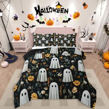 Imagem de Erosebridal Jogo de cama assustador de Halloween, boêmio, preto, Queen, para crianças, meninos, meninas, adolescentes, mulheres, homens, decoração de Halloween, edredom floral boêmio preto, colcha