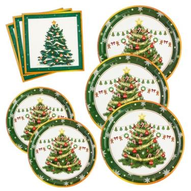 Imagem de EVYIENEN 150 peças de pratos e guardanapos de Natal, suprimentos de festa de Natal Merry Christma, pratos de papel descartáveis, guardanapos, conjunto de louça para festas de fim de ano, suprimentos