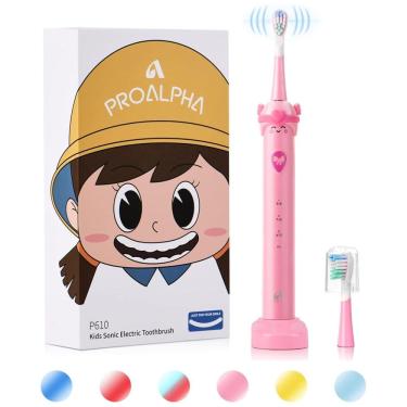 Imagem de Escova Dental Elétrica Whitening Kids Recarregável USB Sem Fio 2 Cabeças 3 Modos, PROALPHA Sonic, Rosa