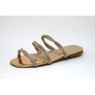 Imagem de Sandália Rasteirinha Feminina Strass BrilhoTiras - Iara Correa, Ouro, 