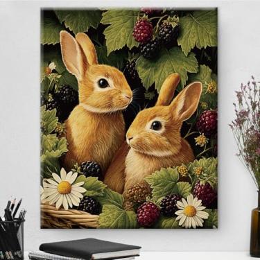 Imagem de Arte de parede botânica vintage emoldurada com dois coelhos marrons - Decoração de parede com flores escuras Academia para quarto, sala de estar, casa, 20 x 25 cm