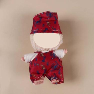 Imagem de Compatível com Labubu (sem boneca) – Conjunto impresso vermelho brincalhão (chapéu + top branco + saia suspensória), roupas de boneca de 15 cm/17 cm (vermelho)