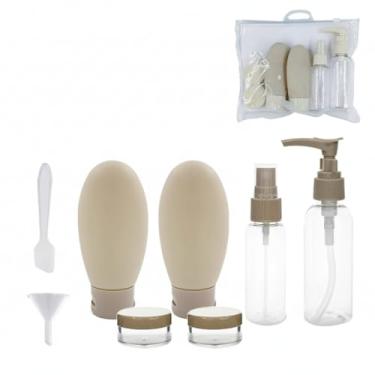 Imagem de Kit Conjunto Viagem 9 Peças BEGE Frascos Potes Antivazamento Recarregáveis Necessaire Transparente com Funil Bagagem de Mão