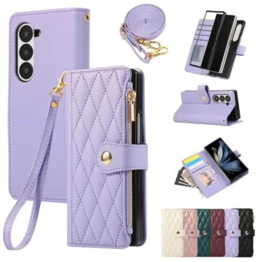Imagem de Capa de couro com alça de pulso para Samsung Galaxy Z Fold 7 6 5 4 3 5G, capa tipo carteira com porta-cartões, ajustável, roxa, para Galaxy Z Fold 5
