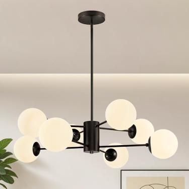 Imagem de Bagood Lustre Sputnik Globo de 8 Luzes Preto Meados do Século Moderno Acabamento Preto Fosco com Globo de Vidro Fosco Branco Lustres Sputnik para Sala de Jantar Quarto Cozinha Ilha