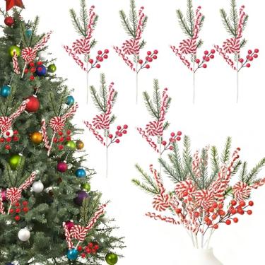 Imagem de 6 peças de decoração de árvore de Natal de bengala doce, palitos de Natal dobráveis de 35,5 cm para topo de árvore, flores artificiais, enfeite de baga para vaso de Natal