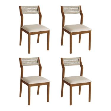 Imagem de Conjunto 4 Cadeiras De Jantar Lagum Conforto Estofada Jequitibá Terra Linho Bege E Corda Náutica