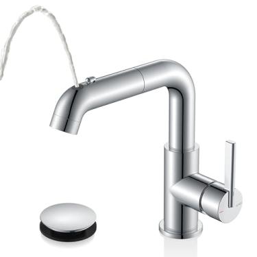 Imagem de KENES Torneira de banheiro com pulverizador, torneira de pia de banheiro de alça única cromada polida com pulverizador de puxar para baixo, torneira de barra de vaidade com dreno pop-up e linhas de