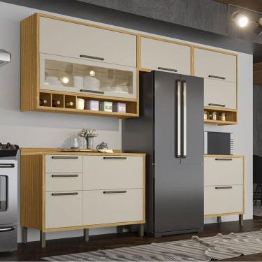 Imagem de Armário de Cozinha com Balcão e Tampo 8 Portas 4 Gavetas Pérola 100% Mdf Vidro Reflecta Amêndoa/Off White - Pnr Móveis